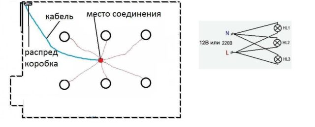Пример исполнения лучевого подключения точечных светильников